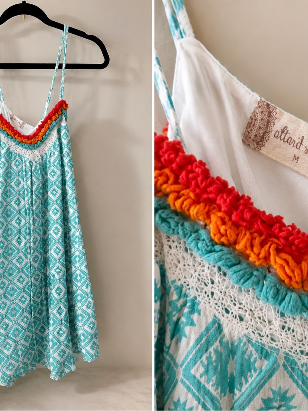 Altar'd State Turquoise Printed Sundress with Rainbow Crochet Trim
